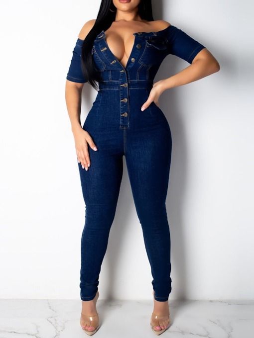 Collar Short Sleeve Buttons Bodycon Denim Jumpsuit Overalls HF2616-02-02