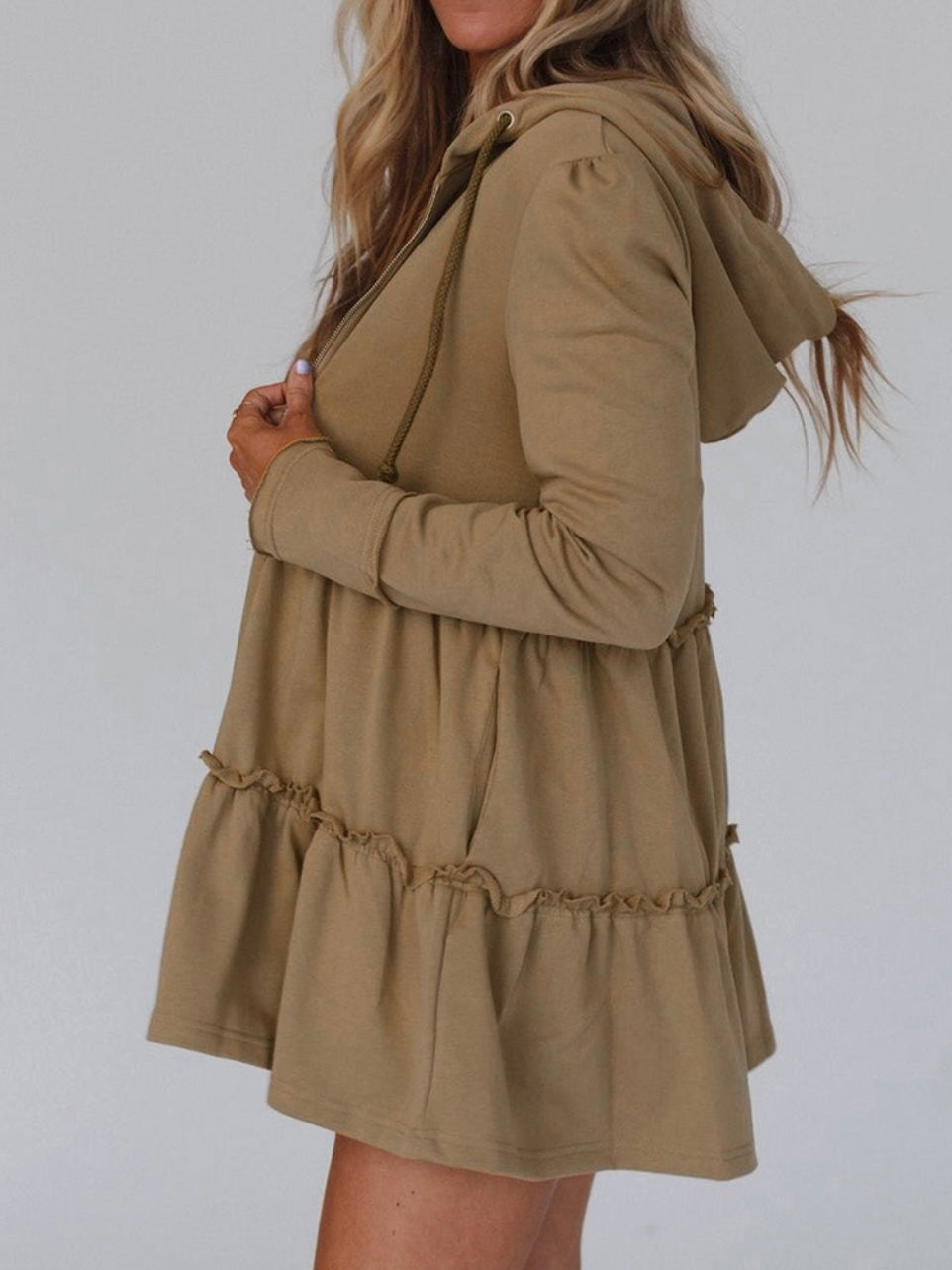 Long Fit Ruffled Hoodie Long Fit Ruffled Hoodie